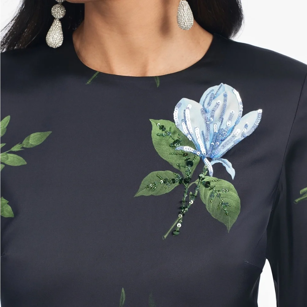 NWT Sachin + Babi Black and Blue Floral  Dress Alex Sequin Long Sleeve Satin - Picture 4 of 10